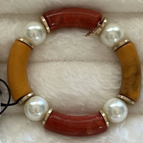 Joon Faux Bamboo & Pearls Beaded Stretch Bracelet    NEW - Picture 1 of 4